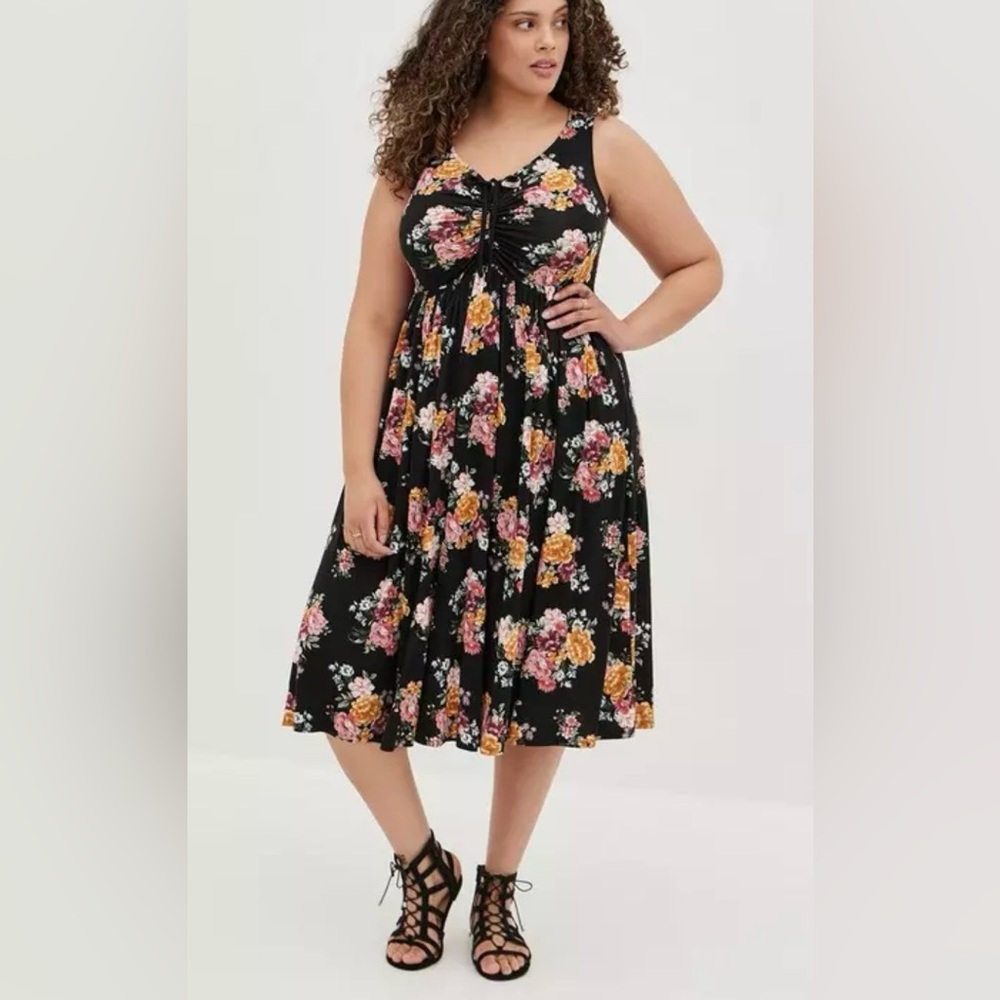 Torrid Super Soft Knits Shirred Floral Skater Dress Sleeveless Midi Plus 4X